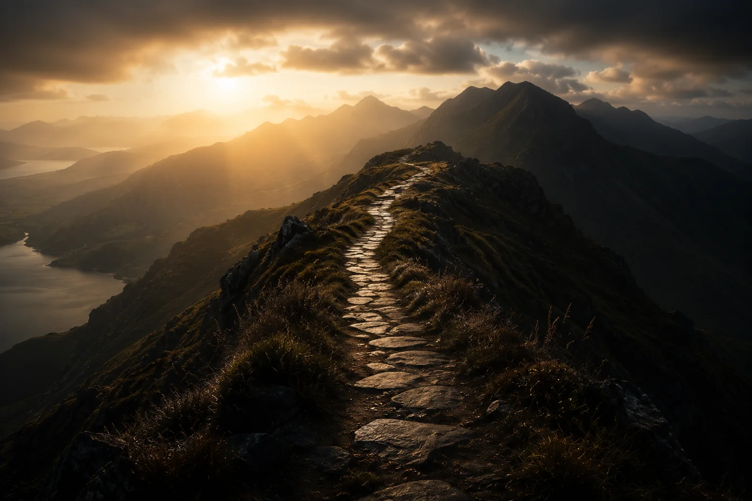 A dramatic mountain path moving toward light beyond the ridge.