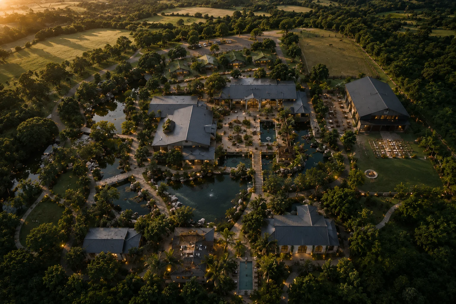 An aerial view of a fully realized landscape development.