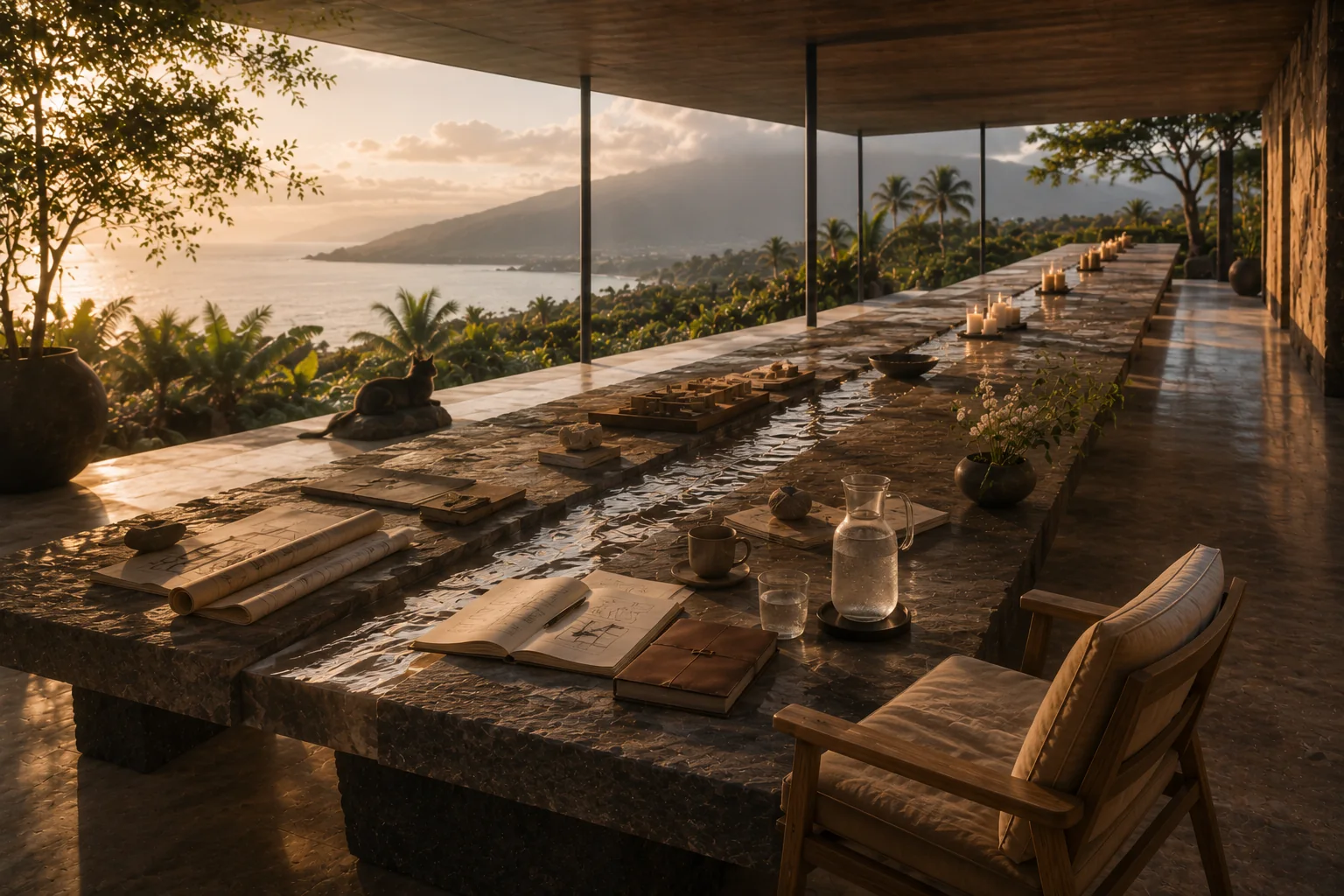 An architectural worktable with plans and materials overlooking a landscape.