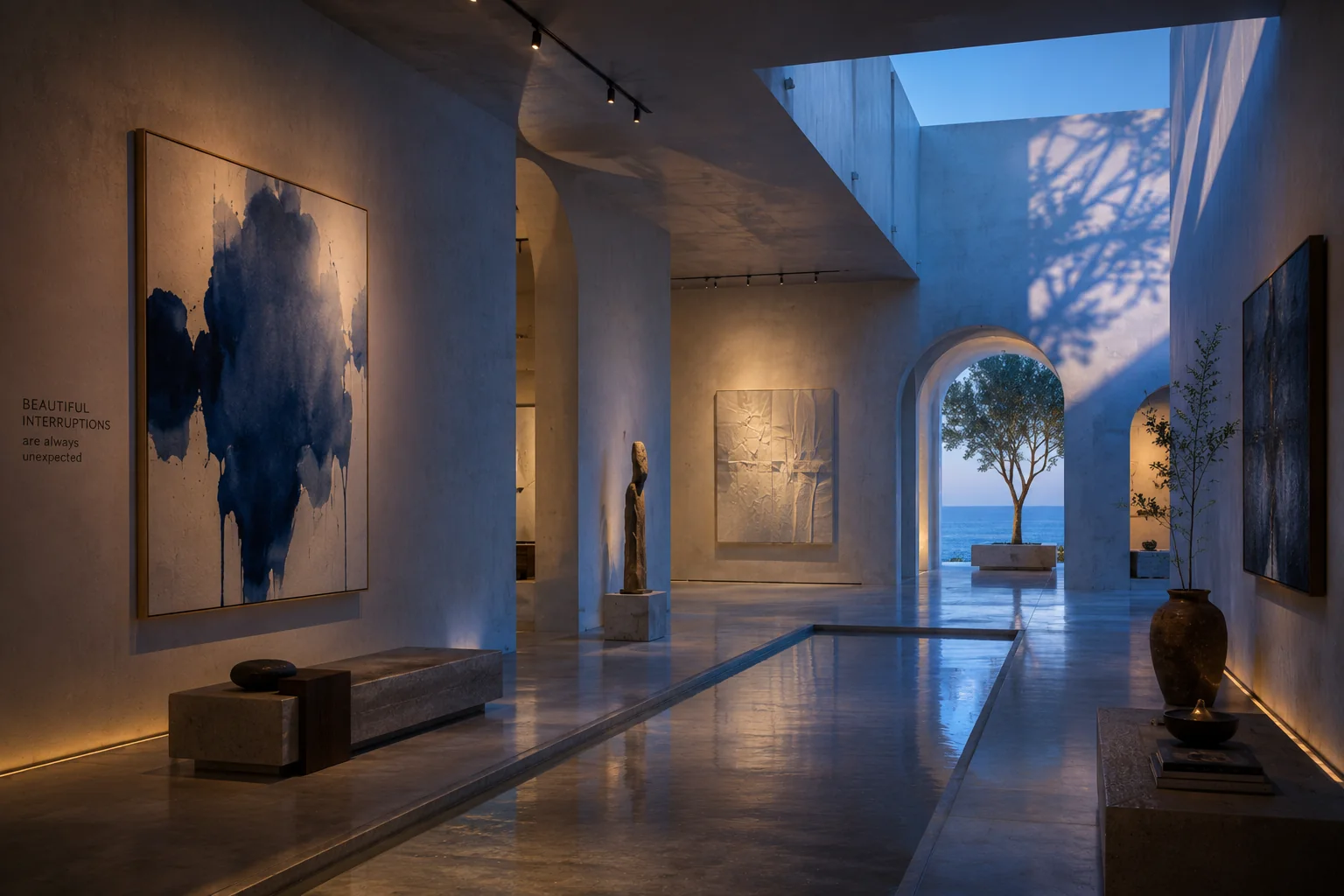 A quiet museum interior with blue light and reflective water.