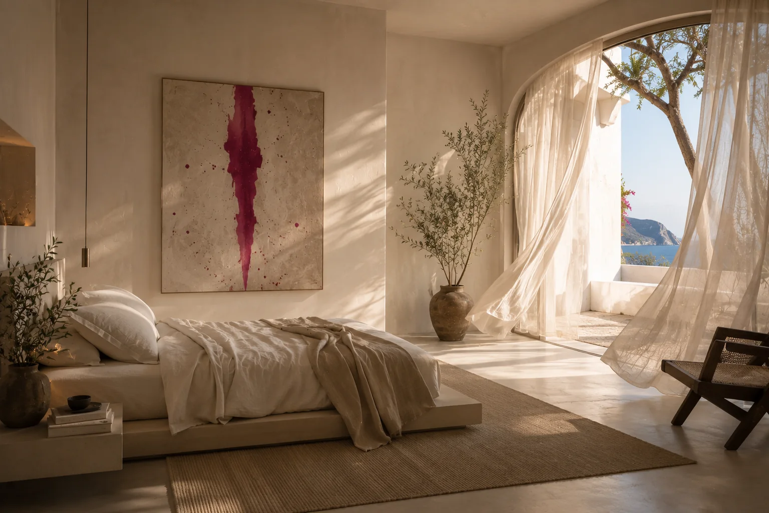 A warm, minimal hospitality bedroom with arched windows and moving linen.