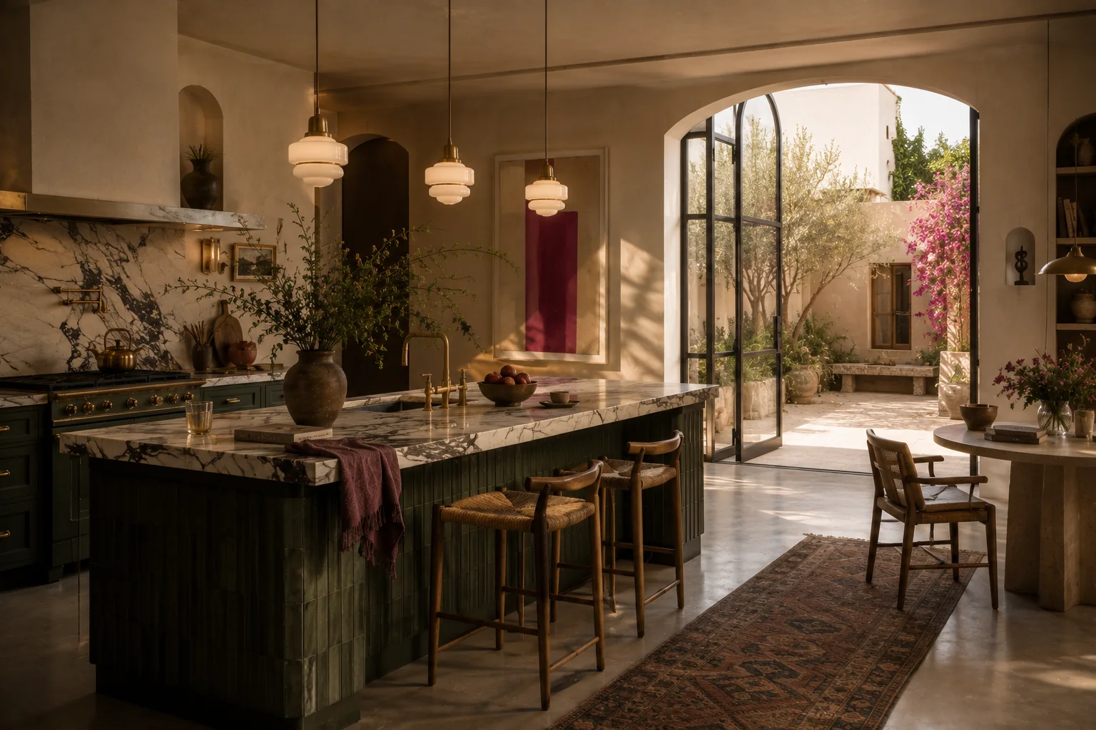 A warm art deco inspired kitchen with stone, wood, and a restrained pop of color.