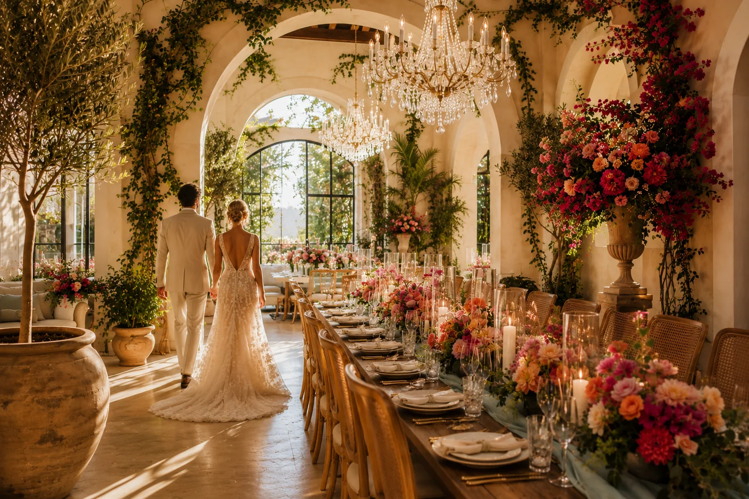 A bride and groom entering a luminous wedding reception filled with arches, chandeliers, and vibrant florals.