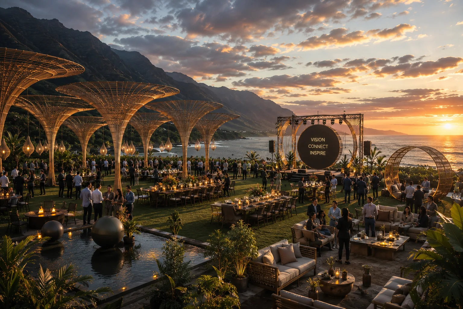 A large-scale corporate event with sculptural decor overlooking the coast.