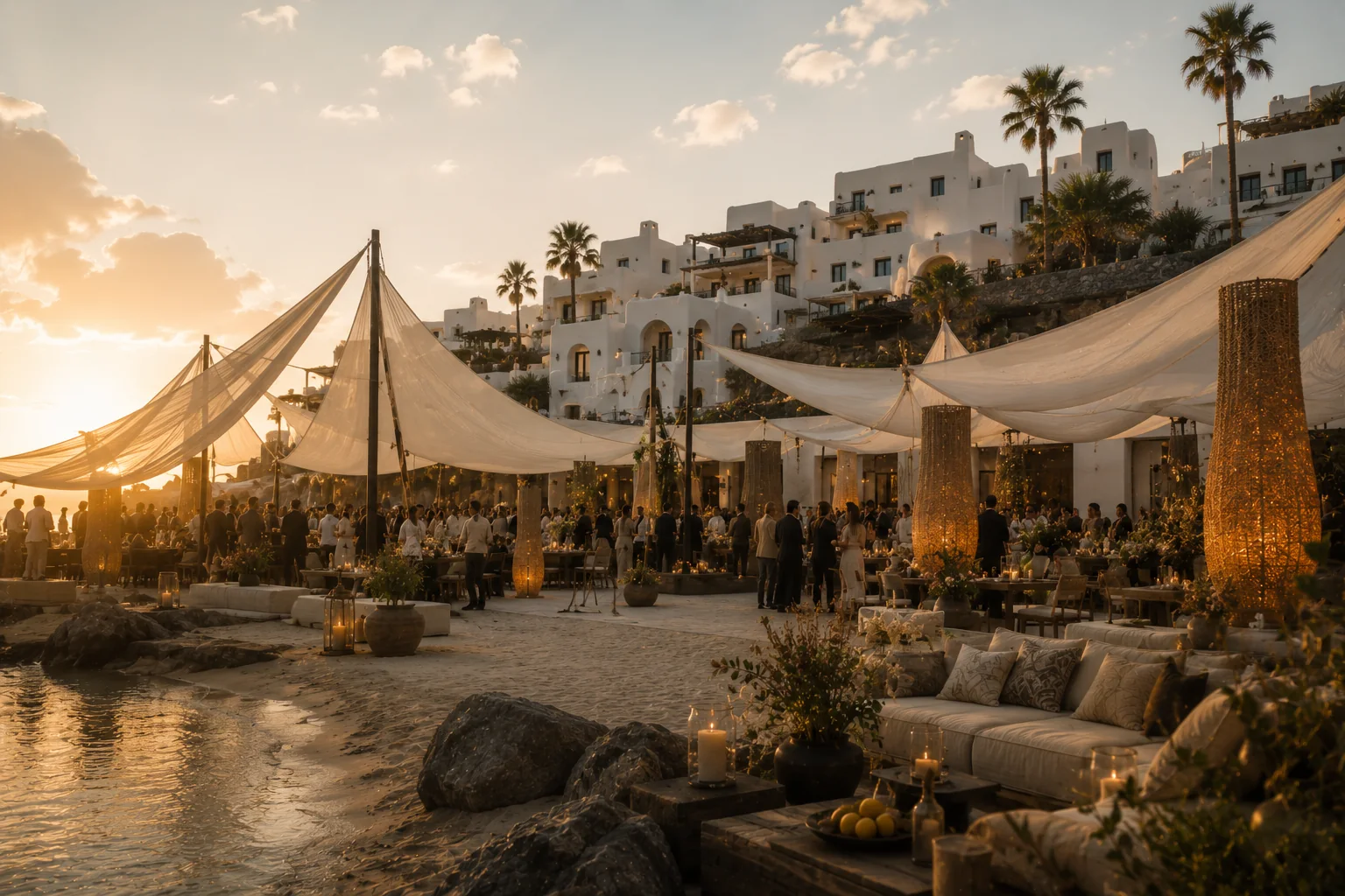 An international coastal gathering beneath sculptural fabric canopies.