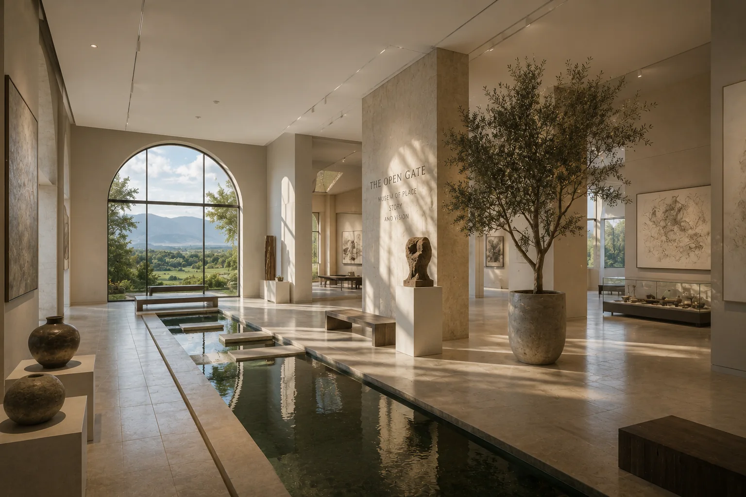 A light-filled architectural interior with water and minimal art.