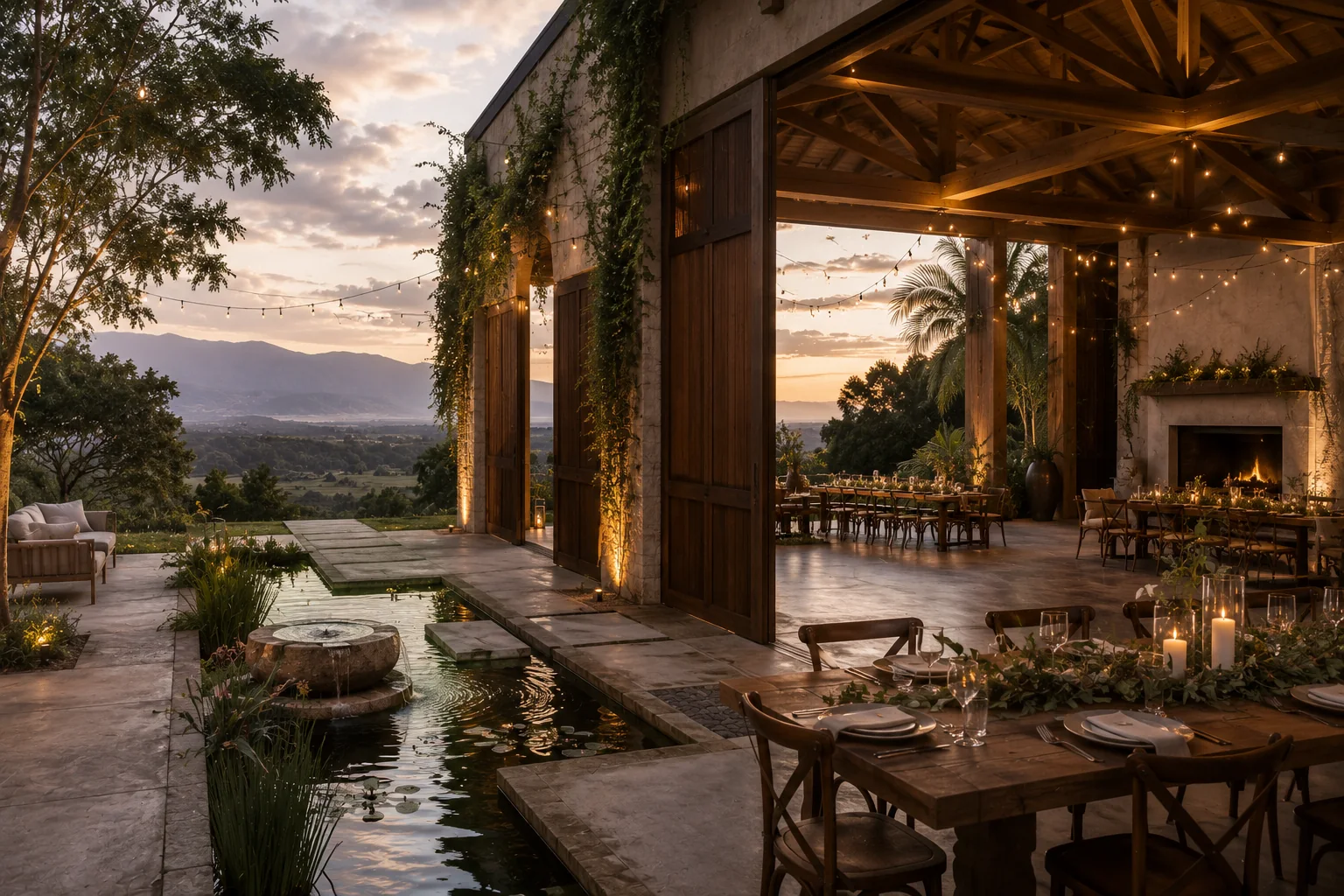 A refined open-air event space with water, architecture, and expansive views.