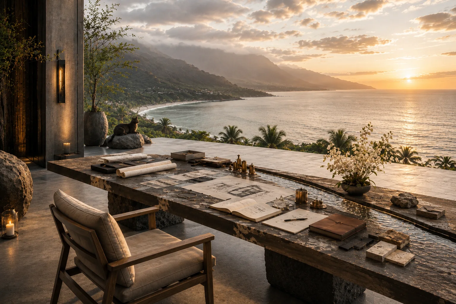 An open architectural worktable overlooking the ocean at sunset.